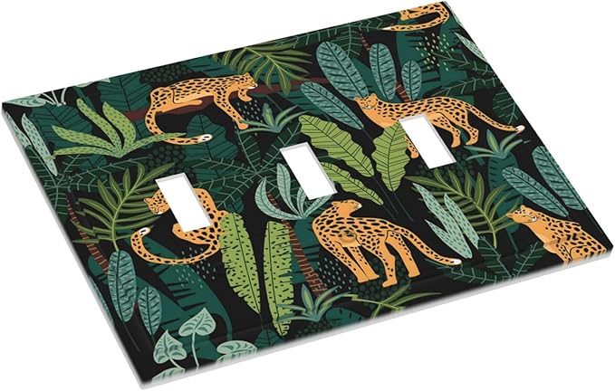 Jungle Cheetah Tropical Wildlife Leopard Green Palm Leaf Decorative Switch Plates 3 Gang Wall Plate Triple Toggle Light Switch Cover Faceplate Electrical Wall Panels for Farmhouse Home Decor