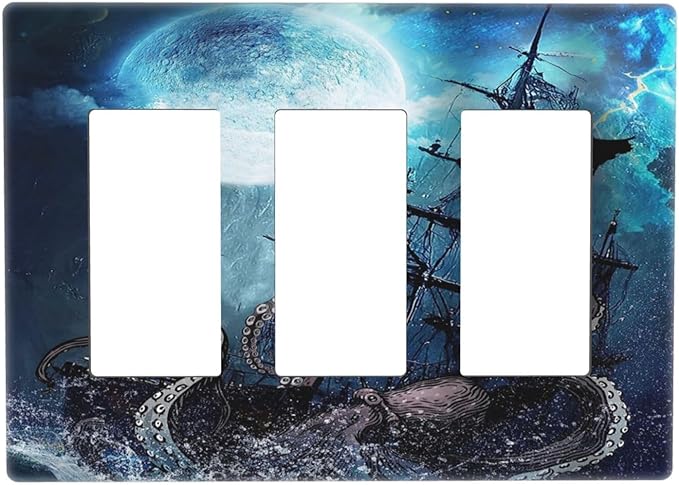Moon Ocean Nautical Octopus 3 Gang Triple Rocker/Decora Light Switch Wall Plate Cover Decorative Electrical Faceplate Switchplate for Bathroom Living Room Decor