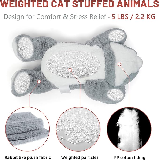 NiuniuDaddy 23.6" | 5 Pounds Grey Cat Weighted Stuffed Animals, Cute Weighted Plush Pillow Comfort Big Large Weighted Pillow Plushies Gifts for Kids & Adults, Include Bag, Stickers, Card on Valentine