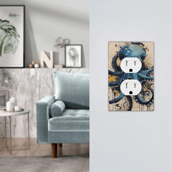 Outlet Covers Nautical Vintage Blue Octopus Yellow Eyes Oil Watercolor 1 Gang Duplex Wall Plate Decorative Switch Plates Electrical Receptacle Faceplate Light Switch Cover for Kids room