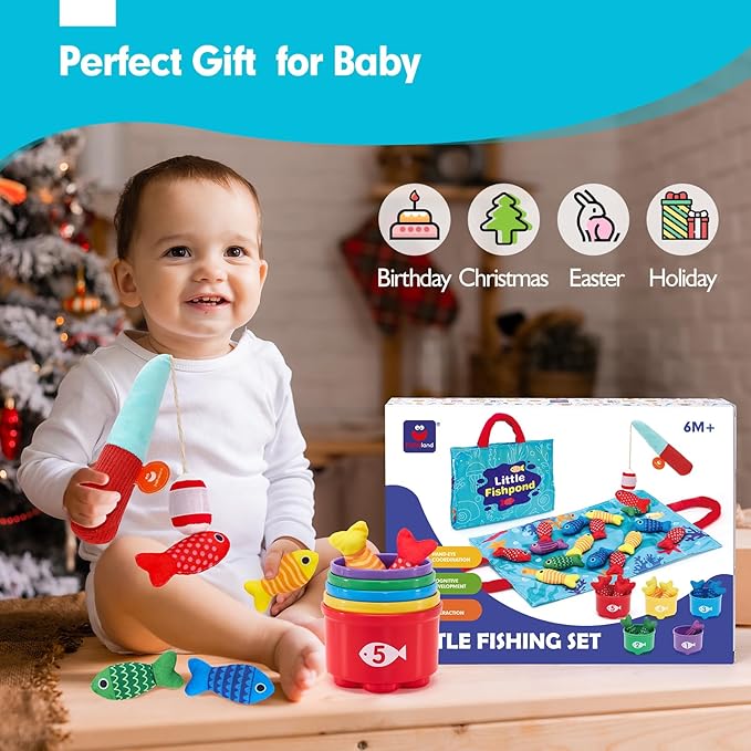 hahaland Montessori Toys for 1 Year Old Boy Girl Birthday Gift - 10 in 1 Cloth Fishing Game Toddler Toys with Stacking Cups - Number Counting, Color Sorting Learning