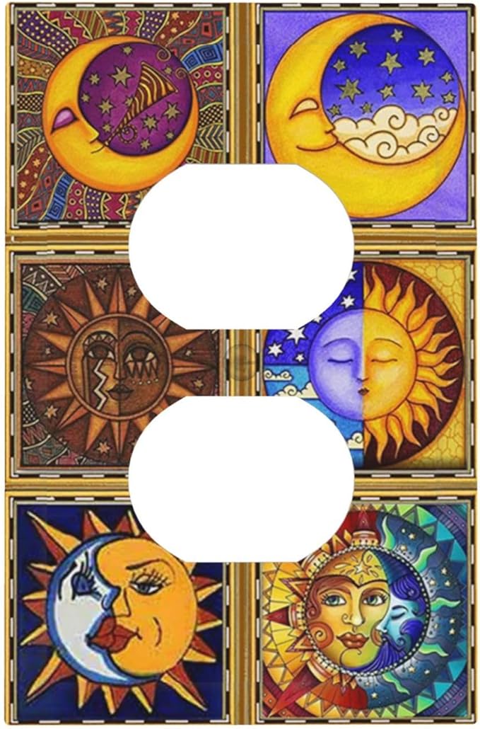 Mexican Talavera Tiles Star Pattern Celestials Theme Print Outlet Covers 1 Gang Duplex Light Switch Cover Decorative Switch Plates Electrical Receptacle Faceplate Wall Plate for Kitchen Home Decor