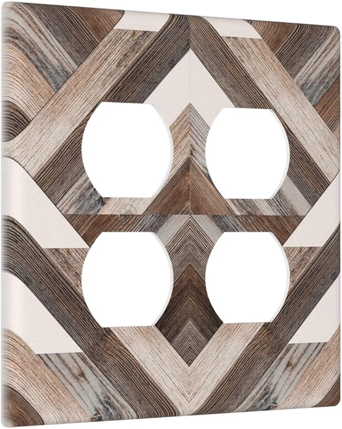 Polygon Collage Abstract Shapes Rustic Wood Panel Print Outlet Covers 2 Gang Double Duplex Decorative Light Switch Covers Electrical Wallplates Socket Faceplate for Farmhouse Bedroom Decor