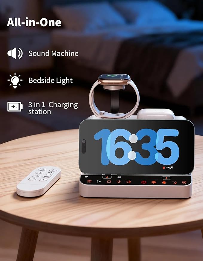 MYPLUS White Noise Machine, 10 Soothing Sounds Sleep Sound Machine with 15W Wireless Charging Station, 7-Color RGB Night Light, Remote for Sleeping, Nursery
