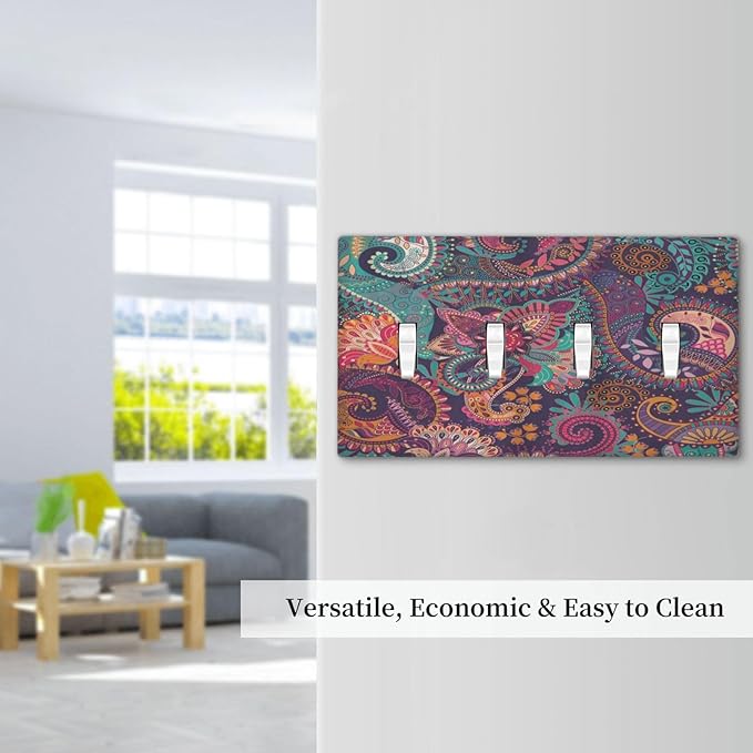 Mandala Boho Paisley Purple Floral Colorful Flower Light Switch Covers Quad Toggle Electrical Faceplate 4 Gang Wall Plate Decorative Switch Plates Cover for Home Bedroom Decor