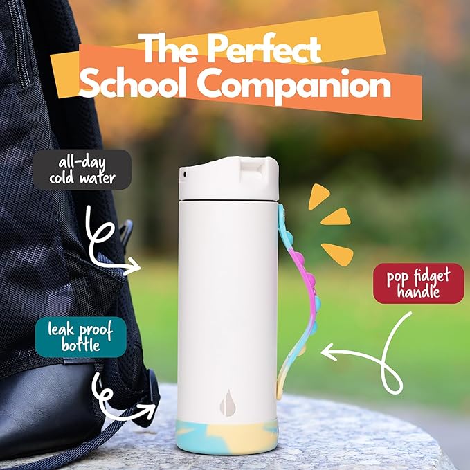 Elemental Iconic Kids Water Bottle for School - 100% Leak-Proof Insulated Water Bottles with Straw Lid & Pop-It Handle for Boys & Girls - Triple-Wall Insulated & BPA-Free, 14oz – White Tie Dye