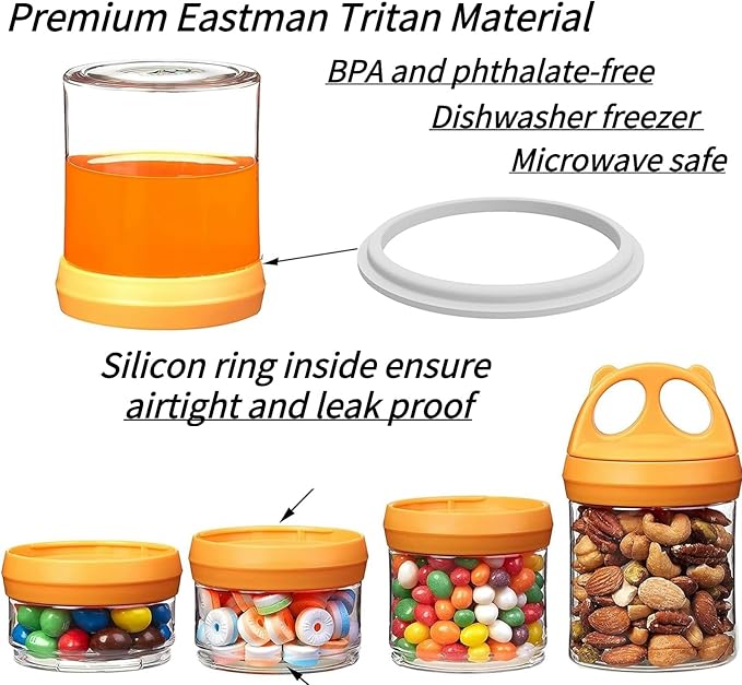SELEWARE Portable Stackable Food Storage Containers for Snacks Formula Powder and Drinks Twist Lock System Airtight Leak-proof BPA and Phthalate Free 4 Piece Jars 31oz Orange