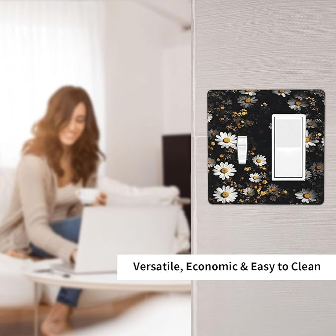 White Black Daisy Wildflower Modern Chrysanthemum Outlet Covers 1 Toggle 1 Rocker Combination Decorative Wall Plate Electrical Switch Plates Light Switch Cover Plate for Bedroom Farmhouse Decor