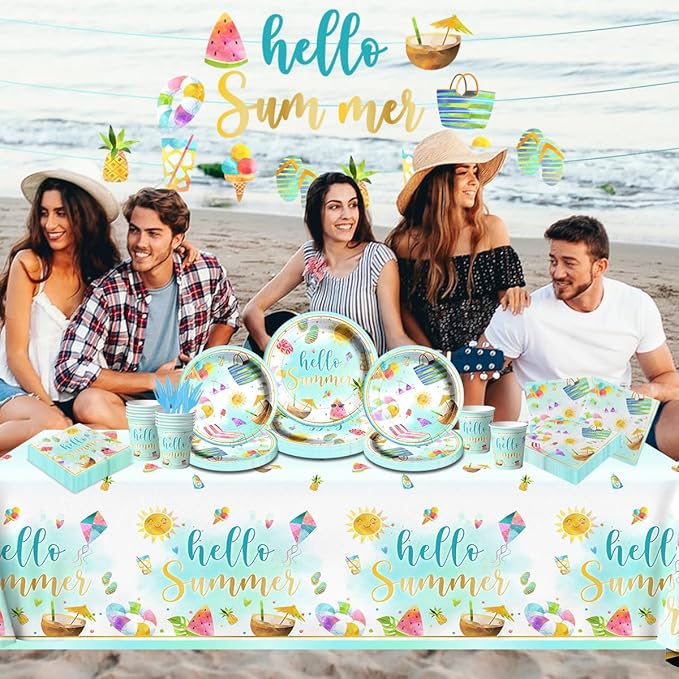 Hello Summer Party Decorations-143Pcs Beach Pool Party Paper Plates and Napkins Set Swimming Luca Themed Tableware Summer Party Supplies for Kids Birthday
