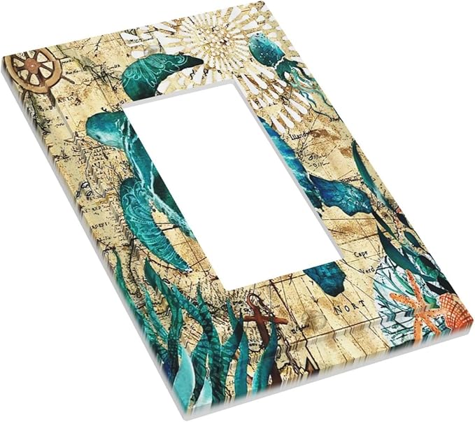 Sea Blue Turtle Beach Nautical Ocean Themed Teal World Map Tortoise Coastal 1 Gang Electrical Decora/GFCI Device Wallplate Single Decorator Rocker Outlet Light Switch Cover Electrical Faceplate Dimmer