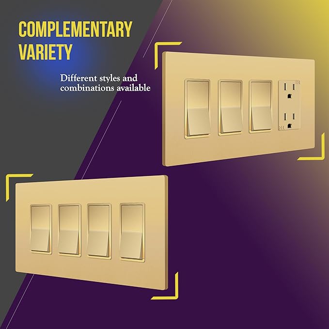 ENERLITES Screwless Quadruple Decorator Switch Cover, Four Gang Wall Plate, Gloss Finish, Mid-Size 4-Gang 4.88" x 8.58", Unbreakable Polycarbonate Thermoplastic, UL Listed, SI8834M-GD, Gold