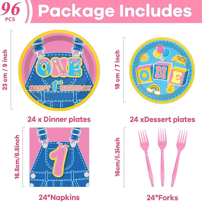 96Pcs Cartoon Girls 1st Birthday Plates and Napkins English Teacher One Year Old Decor Pink Blue Paper Dessert Cake Plates Teacher Party Tableware Set for Girls First Birthday Supply 24 Guests