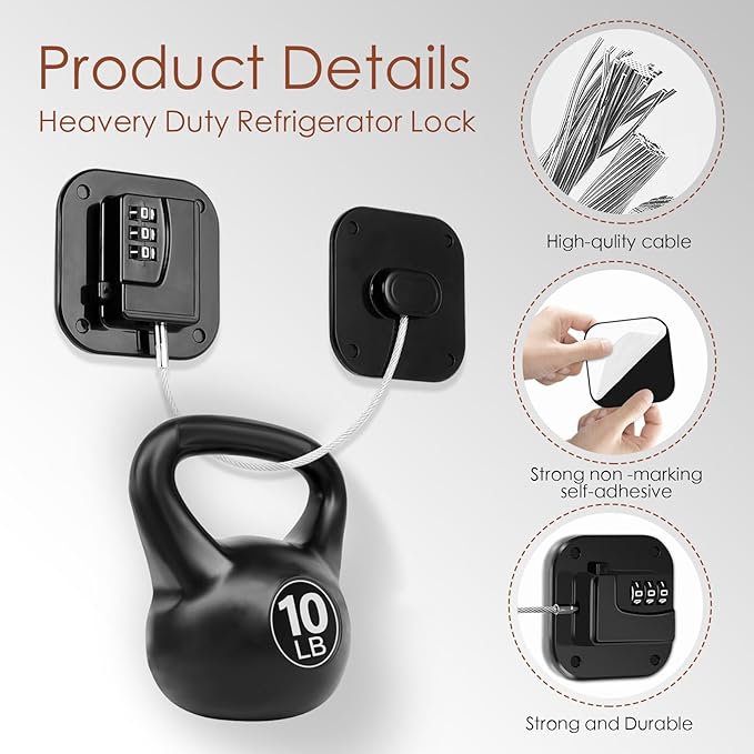 Refrigerator Lock, Combination Lock for Refrigerator Cabinets, Drawers, Heavy Duty Fridge Lock, Easy Install No Keys Needed, Black (Black-3Pack)