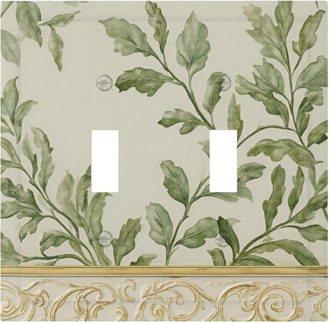 Soft Green Botanical Scroll Double Toggle Switch Cover - 2-Gang Standard US Size Regency Style Leafy Vine Design Light Switch Covers for Bedroom Living Room Decor