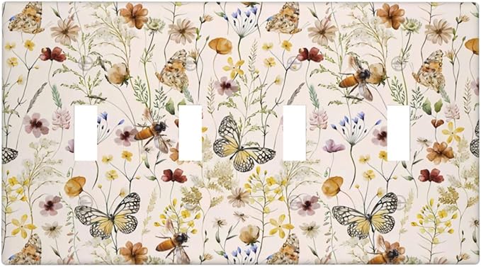 Vintage Butterflies Quad Toggle Wall Plates Decorative Colorful Wildflower 4 Gang Light Switch Cover Cute Bees Electrical Switchplate Faceplate Beige Flower Leaves Dimmer Decor for Bedroom Kidroom