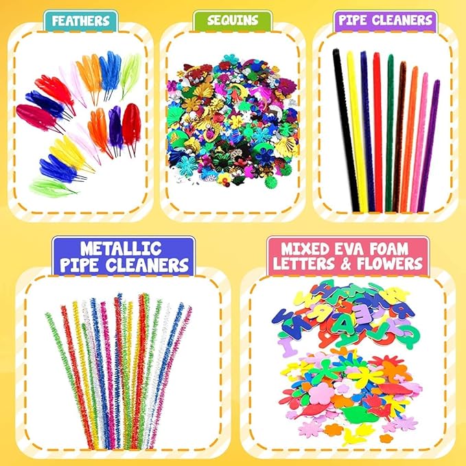 FUNZBO Arts and Crafts Supplies for Kids - Kindergarten School Craft Kit with Glitter Glue Stick, Glue, Pipe Cleaners Craft and Kids' Scissor, Birthday Gifts for Toddler Girls Boys Age 4+