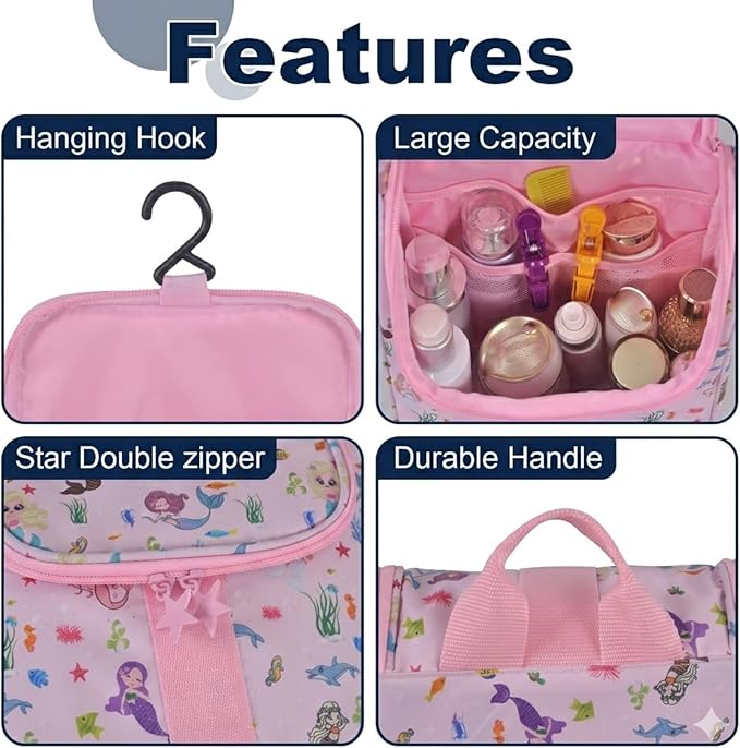 Remobia Hicol Cute Cartoon Hanging Kids Toiletry Bag Children Travel Cosmetic Makeup Organizer Wash Bag Shower bag Over Night Bag Camping Shaving Kit Bag for Boys & Girls (Mermaid Pink)