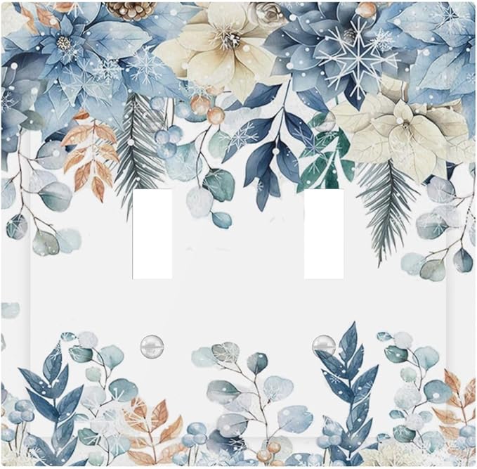 Blue Vine Snowflake Plants Leaves Floral Flowers Decorative Switch Plates 2 Gang Double Toggle Outlet Light Switch Cover Wall Plate Electrical Faceplate for Bedroom Living Room Decor