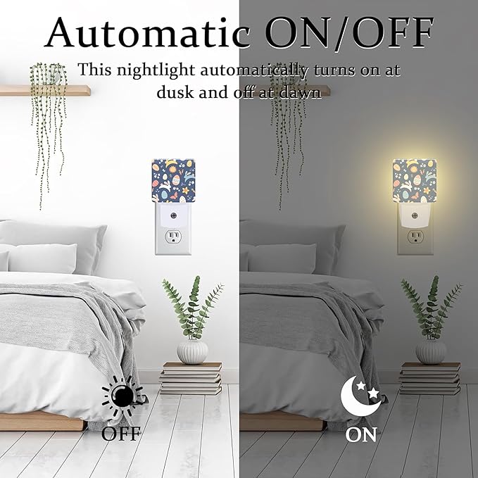 Easter Bunnies and Eggs Night Light, Colorful Rabbits and Flowers Dusk to Dawn Night Light Plug in,0.5w Energy Saving Sleep Friendly NightLight for Kids Boys Girls Home Decor