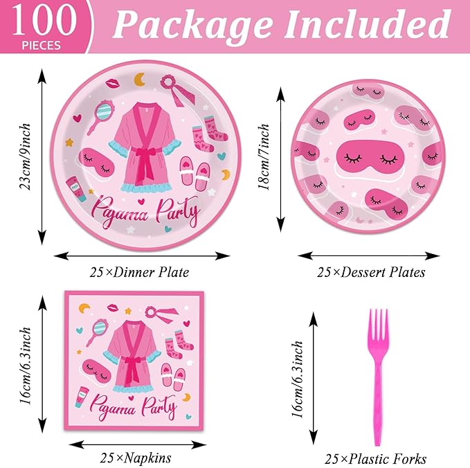 100 Pcs Pajama Party Paper Plates and Napkins Set Sleepover Party Decorations Supplies Girls Sleepover Tableware Favors for Spa Slumber Birthday Hot Pink Pajama Party Decorations Serves 25