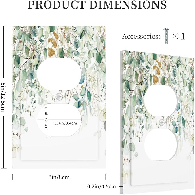 Gold Green Eucalyptus Leaves Plants Flowers Floral Outlet Covers 1 Gang Duplex Light Switch Cover Decorative Switch Plates Electrical Receptacle Faceplate Wall Plate for Bedroom Living Room Decor