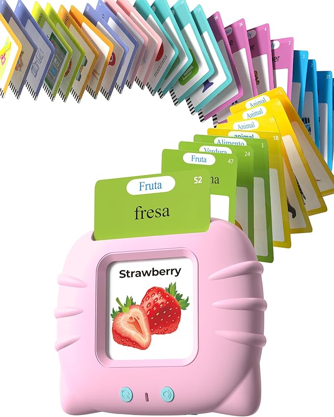 Airbition Bilingual Pink Spanish and English Talking Flash Cards, Pocket Speech Therapy Tools with 510 Words, Montessori Language Learning Aids, Children's Sensory Learning Kits
