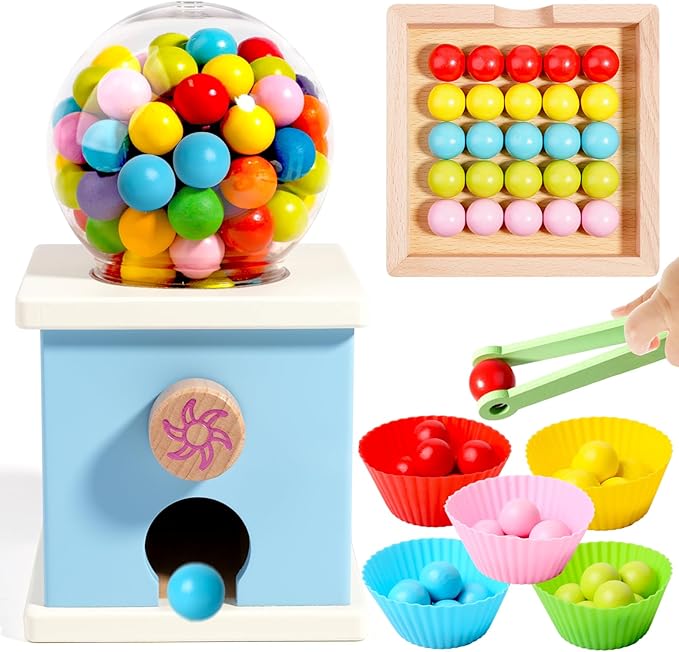QimuMku 9.6" Wooden Gumball Machine Counting Montessori Toys for 3 4 5 Years Old Boys Girls, Toddler Preschool Learning Activities Toy for Kids Ages 4-8, Birthday Gifts Sensory Toys