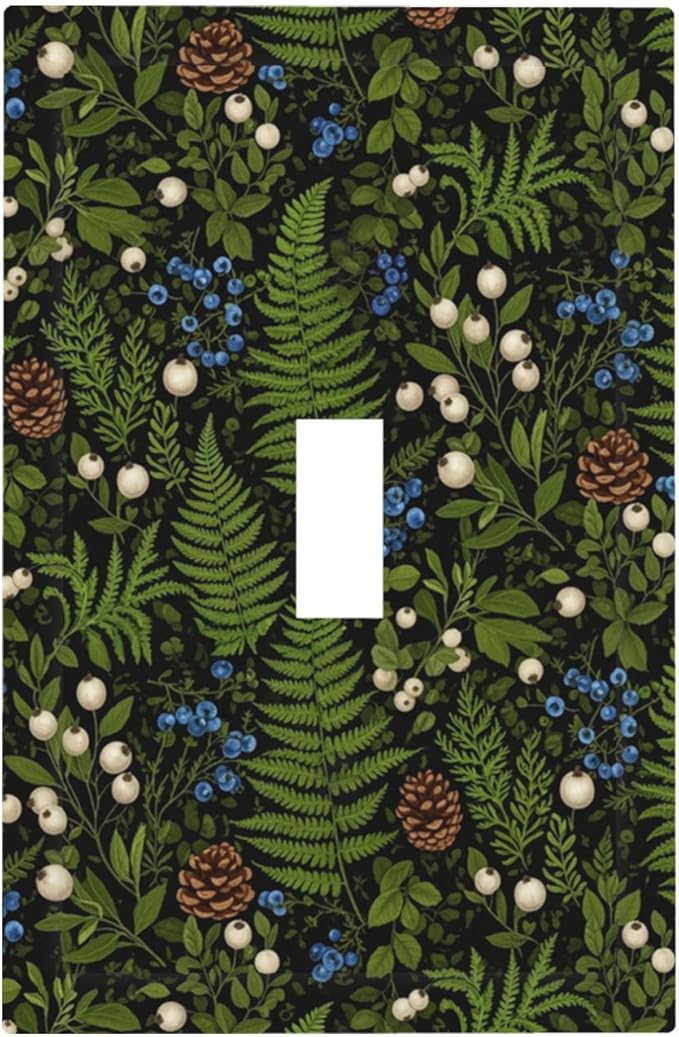 Mystical Forest Floor 1-Gang Toggle Light Switch Plate, Dark Botanical Fern & Berry Cottagecore Woodland Decorative Wall Plate for Farmhouse Home Decor