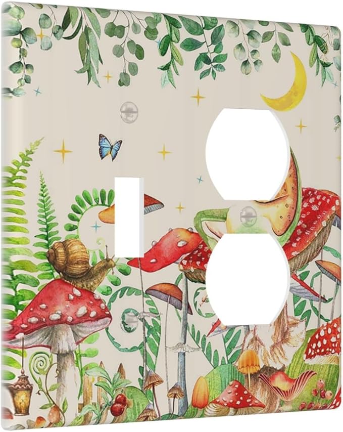Wallplates Boho Mushrooms Frogs Butterflies Flowers Moon Stars 1 Toggle 1 Duplex Switch Plate Electrical GFCI Faceplate Decorative Light Switch Covers for Kids room Bedroom Decor