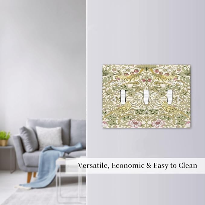 William Morris Vintage Strawberry Bird Botanical Decorative Switch Plates 3 Gang Wall Plate Triple Toggle Light Switch Cover Faceplate Electrical Wall Panels for Farmhouse Home Decor