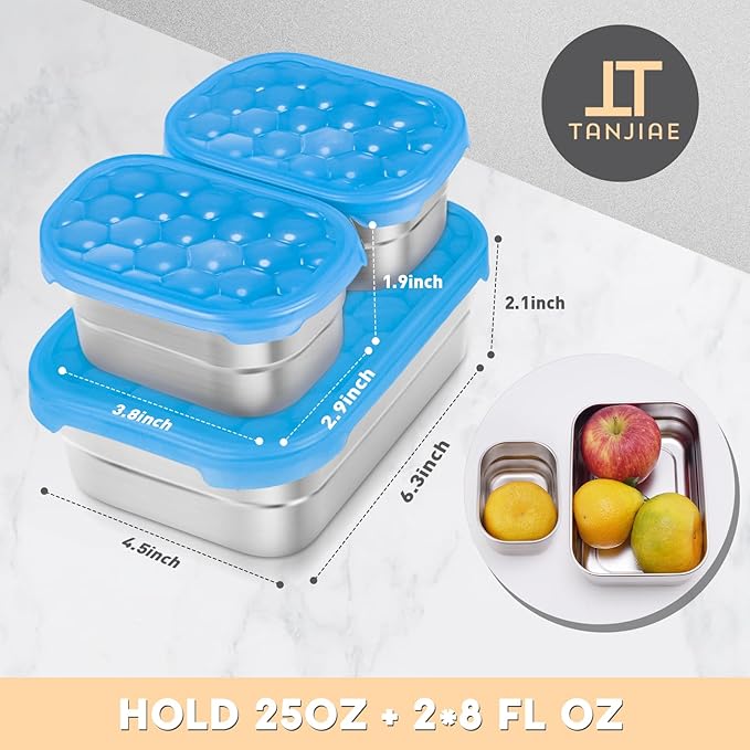 Tanjiae Small Stainless Steel Lunch Containers for Kids | Leak Proof Snack Containers with 100% Pure Silicone Lids - Perfect Metal Lunch Box with Lids for School and Daycare (25oz+8oz*2)