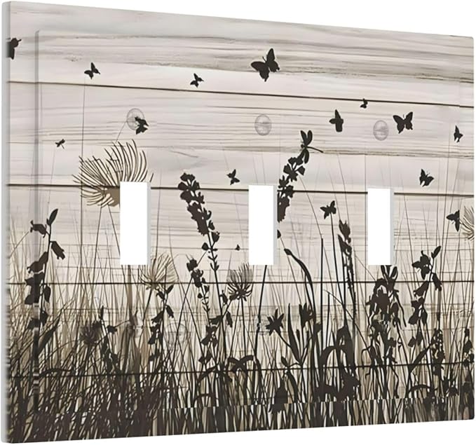 Wildflower Butterfly Grass Dandelion Vintage Wooden Print Decorative Switch Plates 3 Gang Wall Plate Triple Toggle Light Switch Cover Faceplate Electrical Wall Panels for Farmhouse Home Decor
