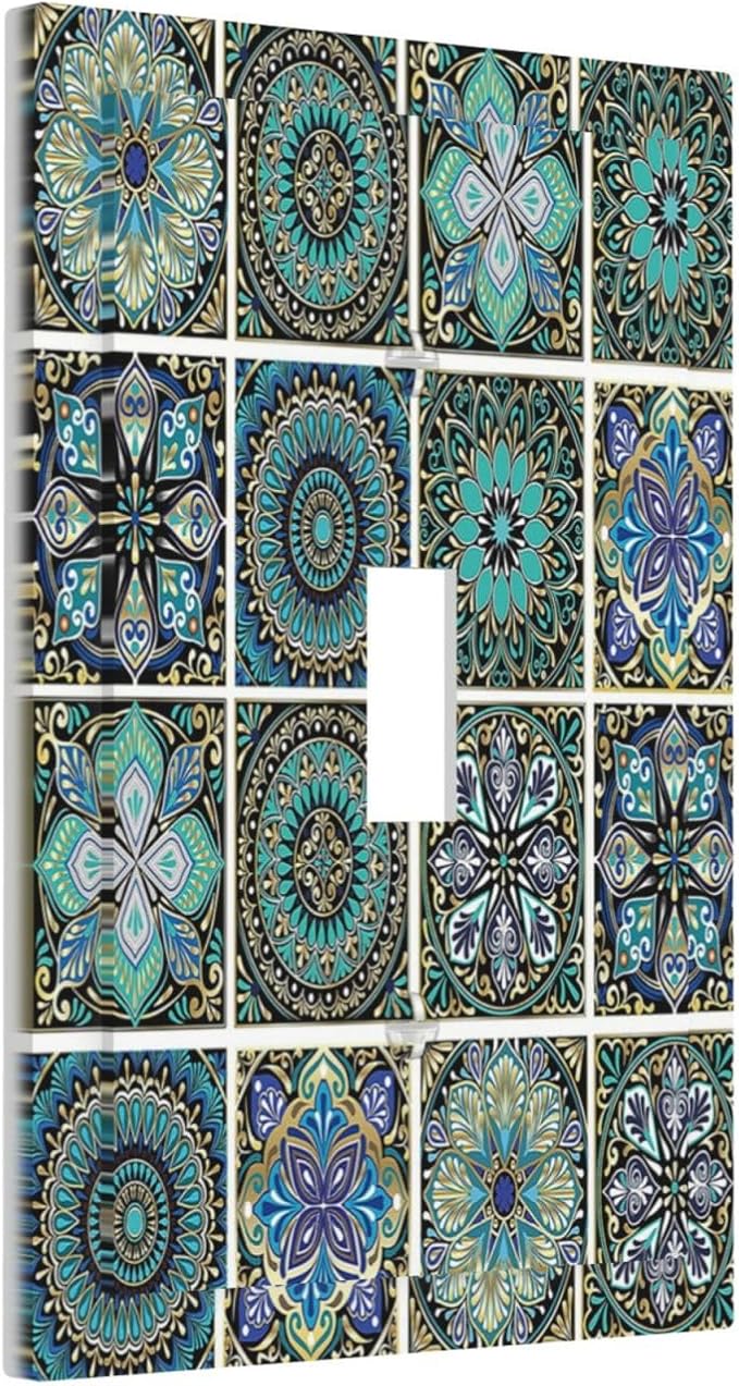 Decorative Light Switch Cover Mandala Decorative Rustic Vintage Turquoise Pattern 1 Gang Single Toggle Device Electrical Faceplate Switchplates Decorator Outlet Wall Plate for Bedroom Bathroom
