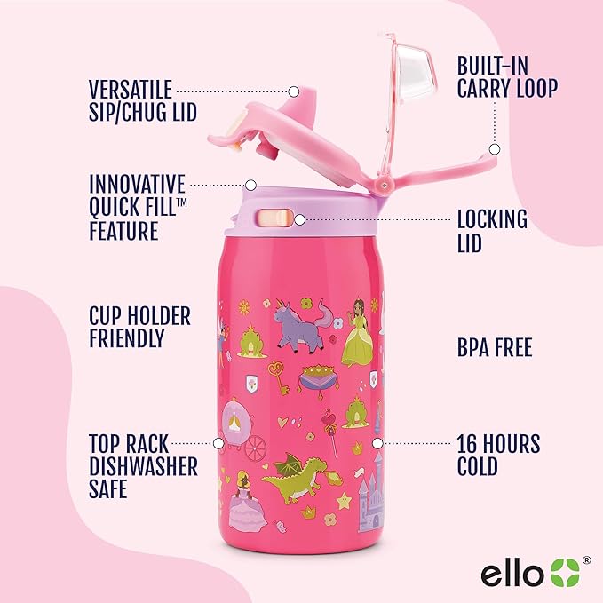 Ello Kids Pop & Fill 12oz Toddler Water Bottle with Quick Fill Lid, Double-Wall Vacuum Insulated Stainless Steel, Leak Proof, BPA Free, Sip & Chug, For School, Lunchboxes, Royal Palace