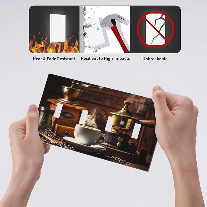 Decorative Switch Plate Cover with Vintage Coffee Retro Grinder Artwork Design 4 Gang Artistic Wall Plate Unique Quad Toggle Light Switch Covers for Rustic Kitchen Decor