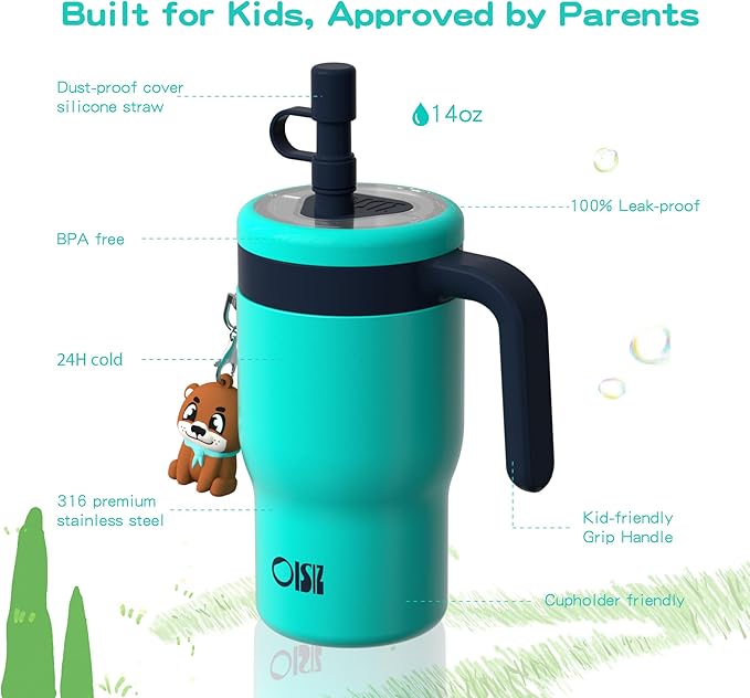 OISIZ 14oz Kids Tumbler with Straw Lid & Handle,Kids Cup with Animal Accessory for School,Kids Water Bottles with Dust-proof Cover,Leakproof Bottles,316 Stainless Steel,Keep Cold 24 Hours-dark green