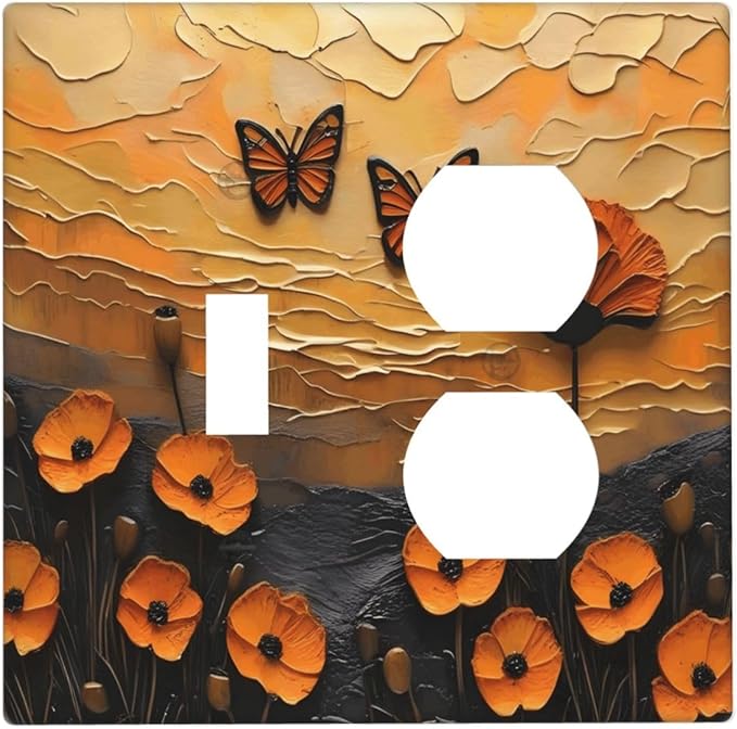 Oil Painting Flower Sunset Butterfly Vintage Rustic Floral Wallplates 1 Toggle 1 Duplex Switch Plate Electrical GFCI Faceplate Decorative Light Switch Covers for Bedroom Living Room Decor