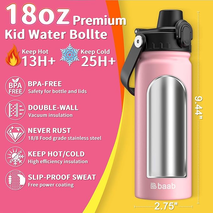 baab 18oz Kids Water Bottle, Insulated Kids Water Bottle with Lockable Spout Lid & Stickers, 18/8 Stainless Steel Vacuum Leakproof Kid Water Cup with Handle for Sports Boy Girl & School (Pink, 1 Pack)