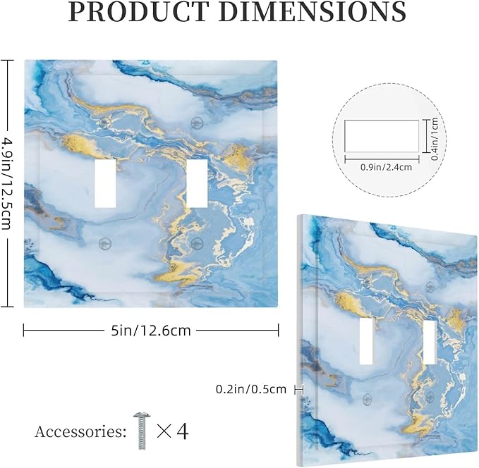 Beautiful Marble Texture Blue Gold Fluid Abstract Print Decorative Switch Plates 2 Gang Double Toggle Outlet Light Switch Cover Wall Plate Electrical Faceplate for Bedroom Bathroom Decor