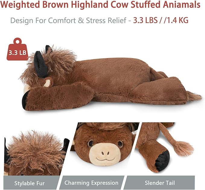 Niuniu Daddy 20" | 3.3 Pound Highland Cow Weighted Stuffed Animals for Adults, Weighted Brown Highland Cow Plush Toy for Toddler Kids, Fluffy Plushy Pillow with Soft Fur for Present Christmas Birthday