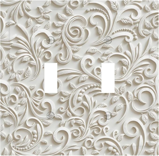 White Floral Vine 2-Gang Double Toggle Wall Plate, French Scroll Printed Pattern Light Switch Cover, Neutral Farmhouse Decor for Bedroom Bathroom Living Room