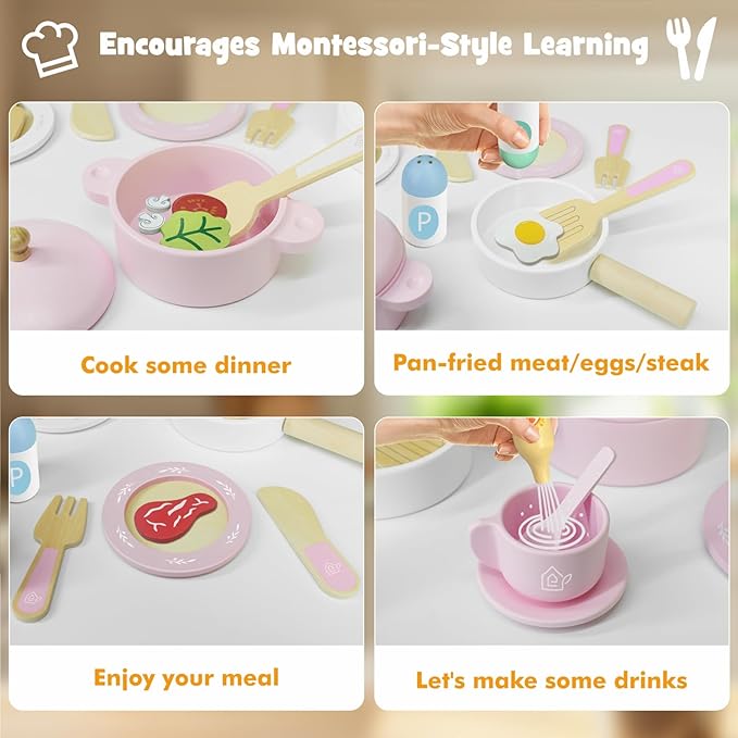 SimpliPlay Wooden Toy Plates and Dishes for Kitchen Set, 30PCS Montessori Play Kitchen Accessories for Toddlers with Toy Pots and Pans, Wooden Play Cooking Set for 3-8 Years Girls & Boys