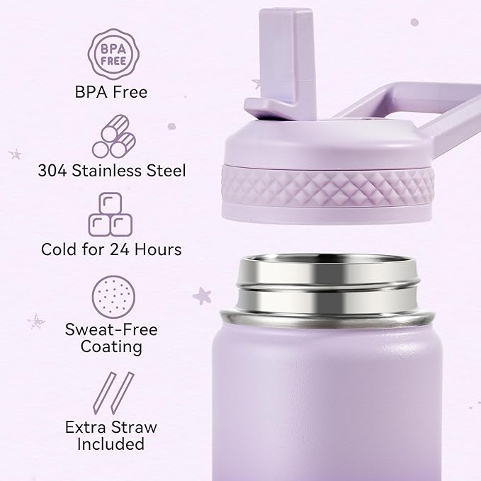 Fijinhom 12 oz Kids Water Bottle, Toddler Water Bottle with Straw, Boys&Girls Bottle for School, 304 Stainless Steel Vacuum Insulated Bottle for Kids, BPA-Free, Leak-Proof, Gradient Purple