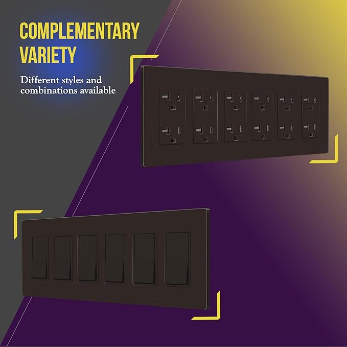 ENERLITES Screwless Decorator Wall Plate Child Safe Outlet Covers, Size 6-Gang 4.68" H x 12.00” L, Unbreakable Polycarbonate Thermoplastic, SI8836-BR, Glossy, Brown
