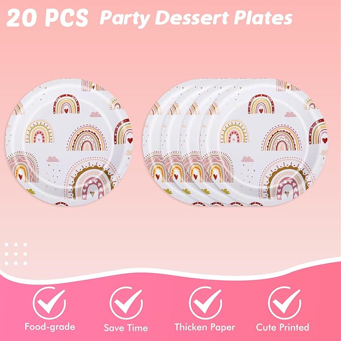 Ryzovo 62 Pcs Boho Rainbow Party Supplies Boho Rainbow Baby Shower Tableware Set Including Paper Plates Napkins Tablecloth for Girls Kids Groovy Boho Birthday Party Baby Shower Decorations | Serve 20