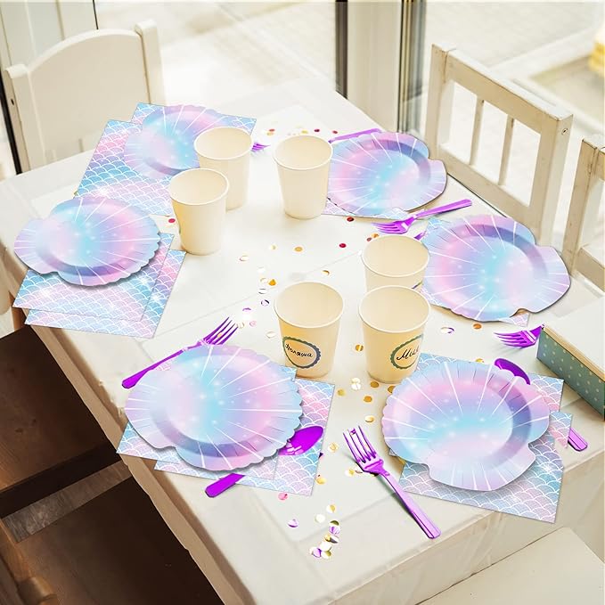 ZOIIWA 96 Pieces Mermaids Themed Party Decorations Mini Under the Sea Tableware for Girls Clam Shell Dessert Plates Napkins Forks for 24 Guests Birthday Party Favors