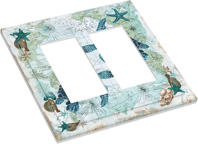 Decorative Outlet Covers Nautical Green Sea Turtles Beach Blue Ocean 2 Gang Double Gfci Rocker Electrical Wall Panels Light Switch Cover Plate For Bathroom Kids Room Decor