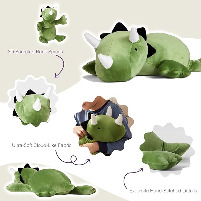 KOWSI® Microwavable Heating Pad Green Triceratops Plush - 1.4 Lb Weighted Stuffed Animal Toy with Tourmaline Beads & Lavender - 16" Squished Long Dinosaur Pillow - Lumbar Back Cushion Lasting Warmth