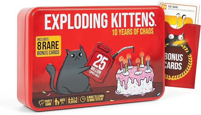 Exploding Kittens -10th Anniversary Collectible Tin (Limited Edition) – Updated with 8 Legacy Cards – Hilarious Fast-Paced Card Game for Adults and Kids, Travel Friendly, Ideal for Family Game Night