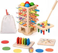 Montessori Toys Wooden Board Games for Kids 4-6, 5-in-1 Fine Motor Skills Educational Games for 3 4 5 6 Year Olds, Colorful Wooden Stick Game with Dice, Family Travel Games for Boys Girls